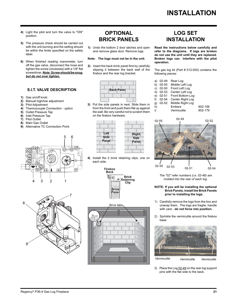 Installation, Optional brick panels, Log set installation | Regency Wraps P36-LPG4 User Manual | Page 21 / 44