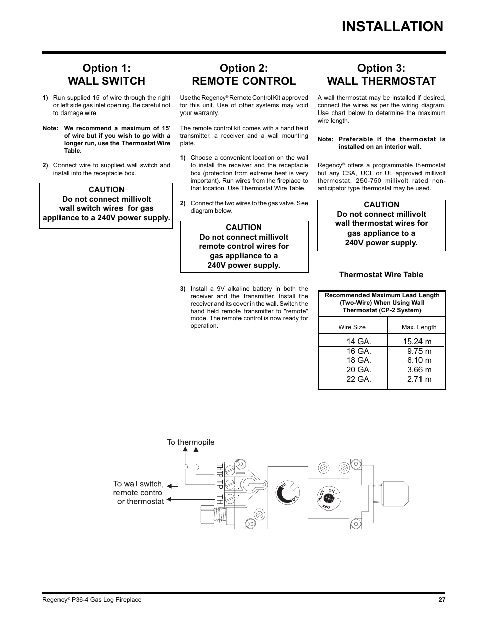 Installation, Option 1: wall switch, Option 3: wall thermostat | Option 2: remote control | Regency Wraps P36-LPG4 User Manual | Page 27 / 44