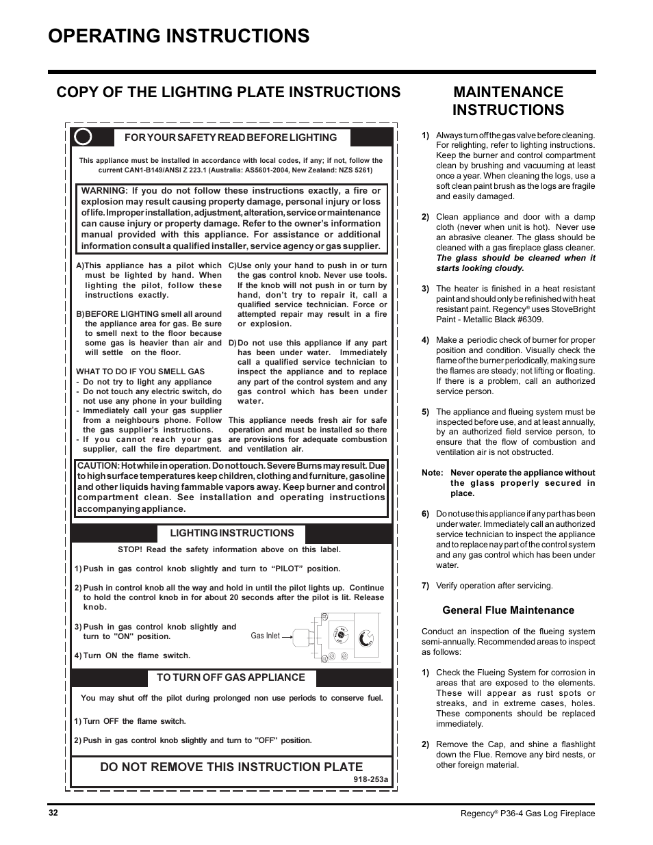 Operating instructions, Maintenance instructions, Copy of the lighting plate instructions | Do not remove this instruction plate | Regency Wraps P36-LPG4 User Manual | Page 32 / 44