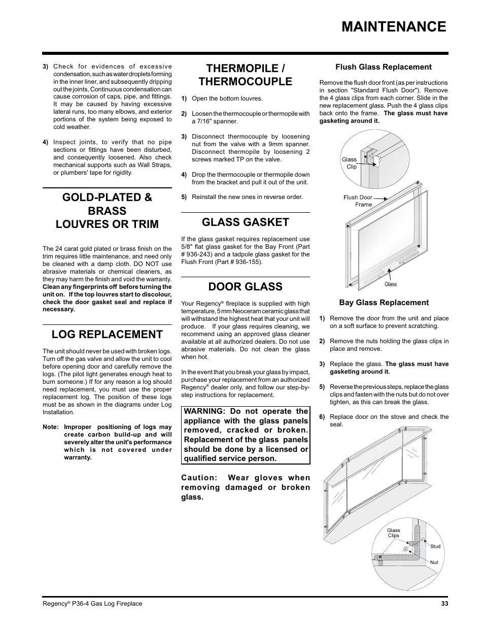 Maintenance, Gold-plated & brass louvres or trim, Log replacement | Thermopile / thermocouple, Glass gasket, Door glass | Regency Wraps P36-LPG4 User Manual | Page 33 / 44