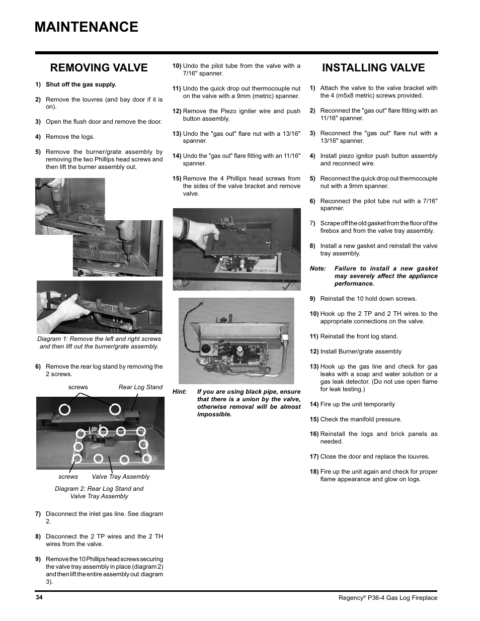 Maintenance, Installing valve, Removing valve | Regency Wraps P36-LPG4 User Manual | Page 34 / 44