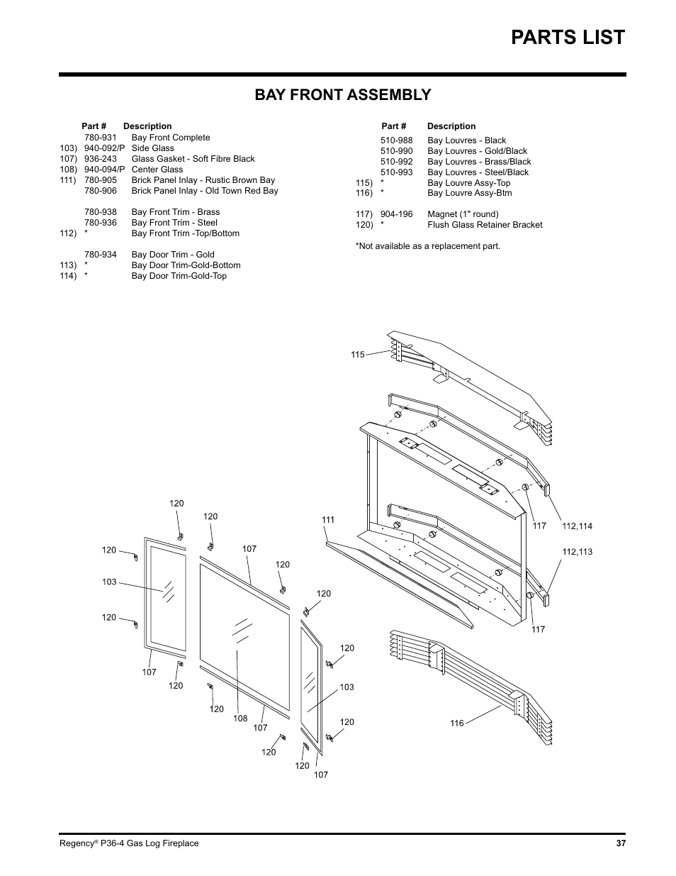 Parts list, Bay front assembly | Regency Wraps P36-LPG4 User Manual | Page 37 / 44