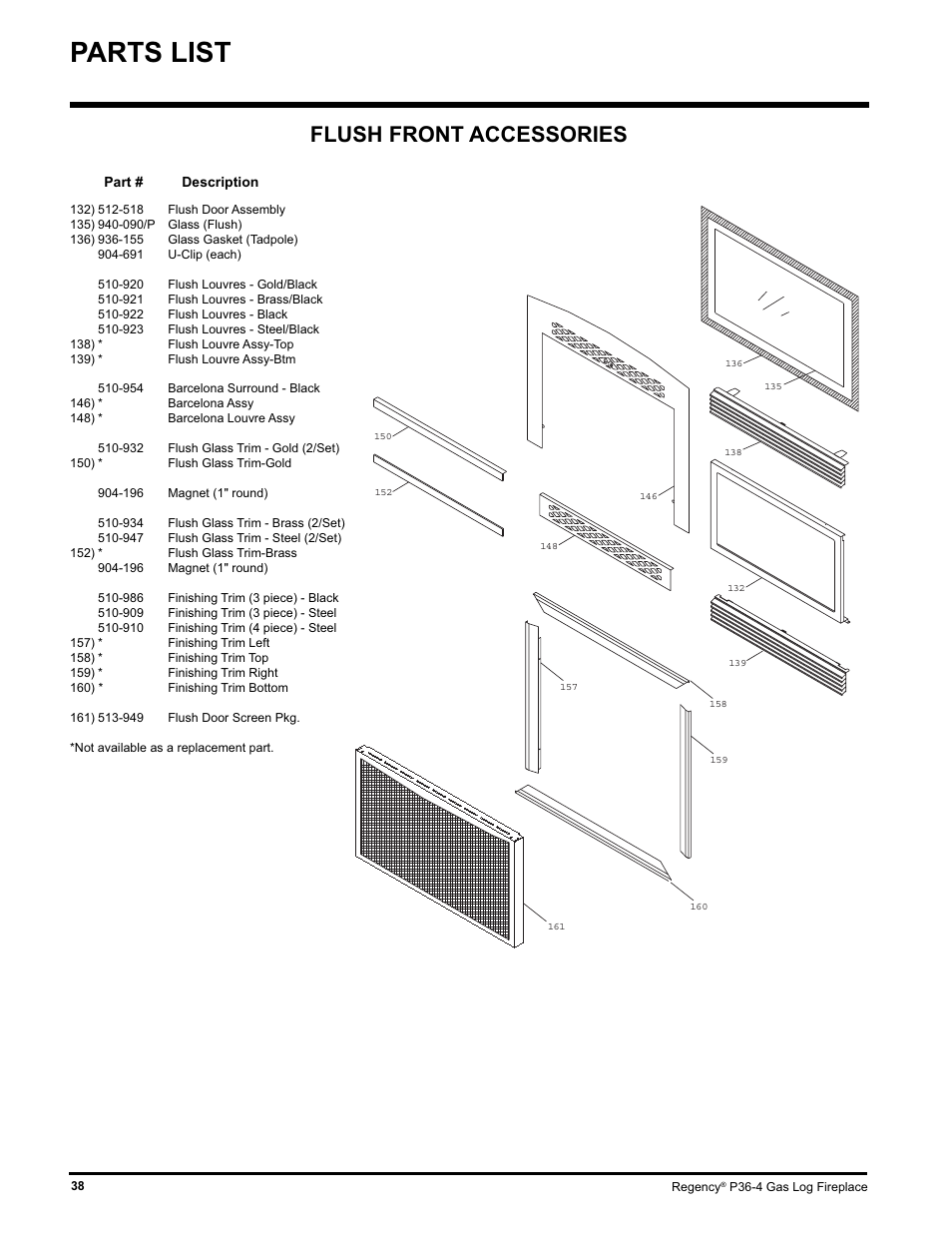 Parts list, Flush front accessories | Regency Wraps P36-LPG4 User Manual | Page 38 / 44