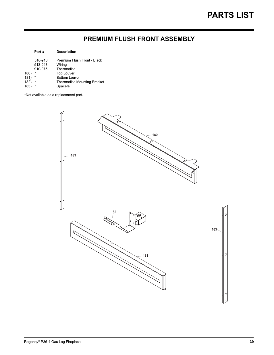 Parts list, Premium flush front assembly | Regency Wraps P36-LPG4 User Manual | Page 39 / 44