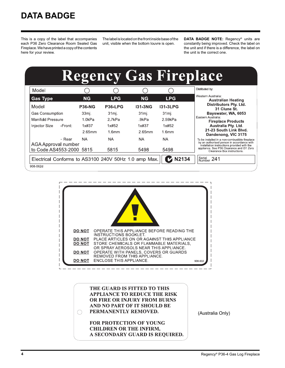 Data badge | Regency Wraps P36-LPG4 User Manual | Page 4 / 44