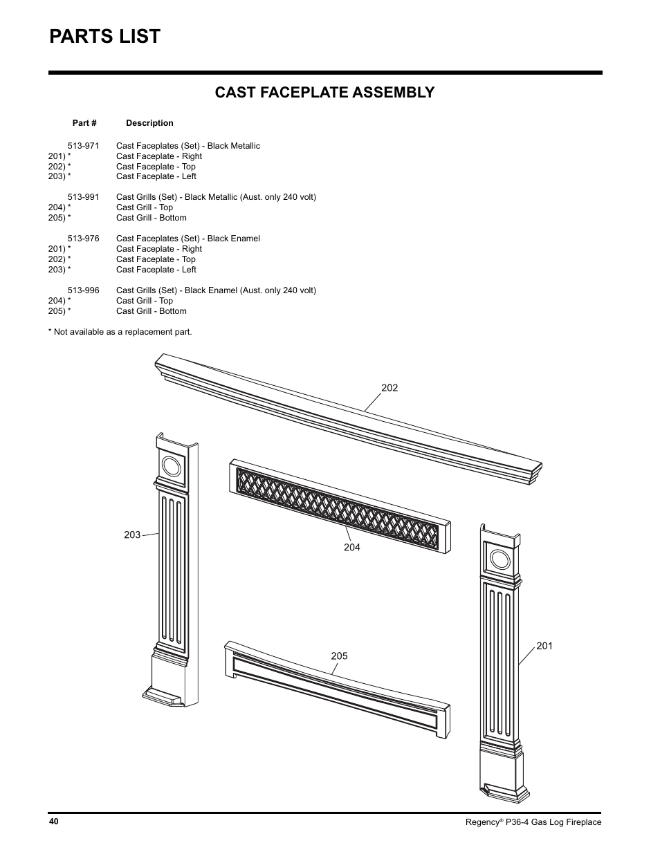 Parts list, Cast faceplate assembly | Regency Wraps P36-LPG4 User Manual | Page 40 / 44