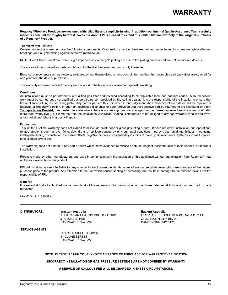 Warranty | Regency Wraps P36-LPG4 User Manual | Page 43 / 44