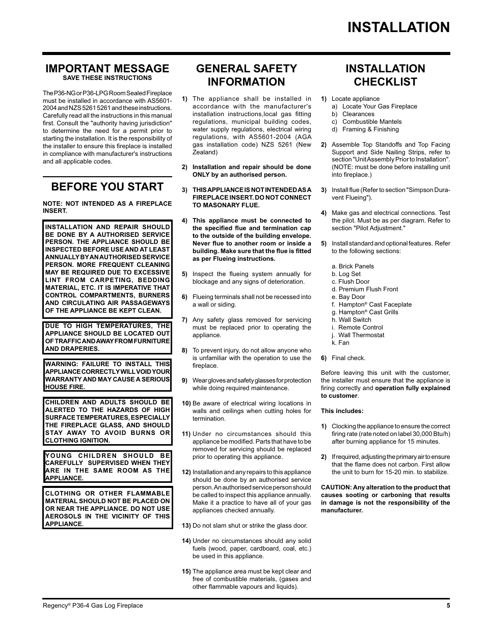 Installation, Installation checklist, Important message | Before you start, General safety information | Regency Wraps P36-LPG4 User Manual | Page 5 / 44
