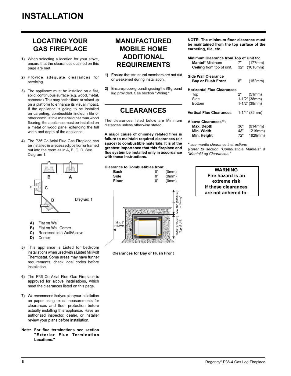 Installation, Clearances, Locating your gas fireplace | Manufactured mobile home additional requirements | Regency Wraps P36-LPG4 User Manual | Page 6 / 44