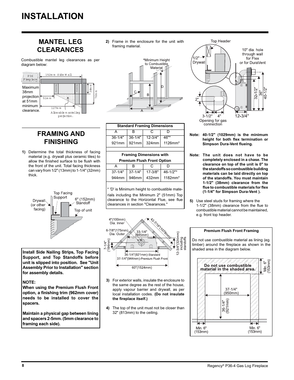 Installation, Mantel leg clearances, Framing and finishing | Regency Wraps P36-LPG4 User Manual | Page 8 / 44