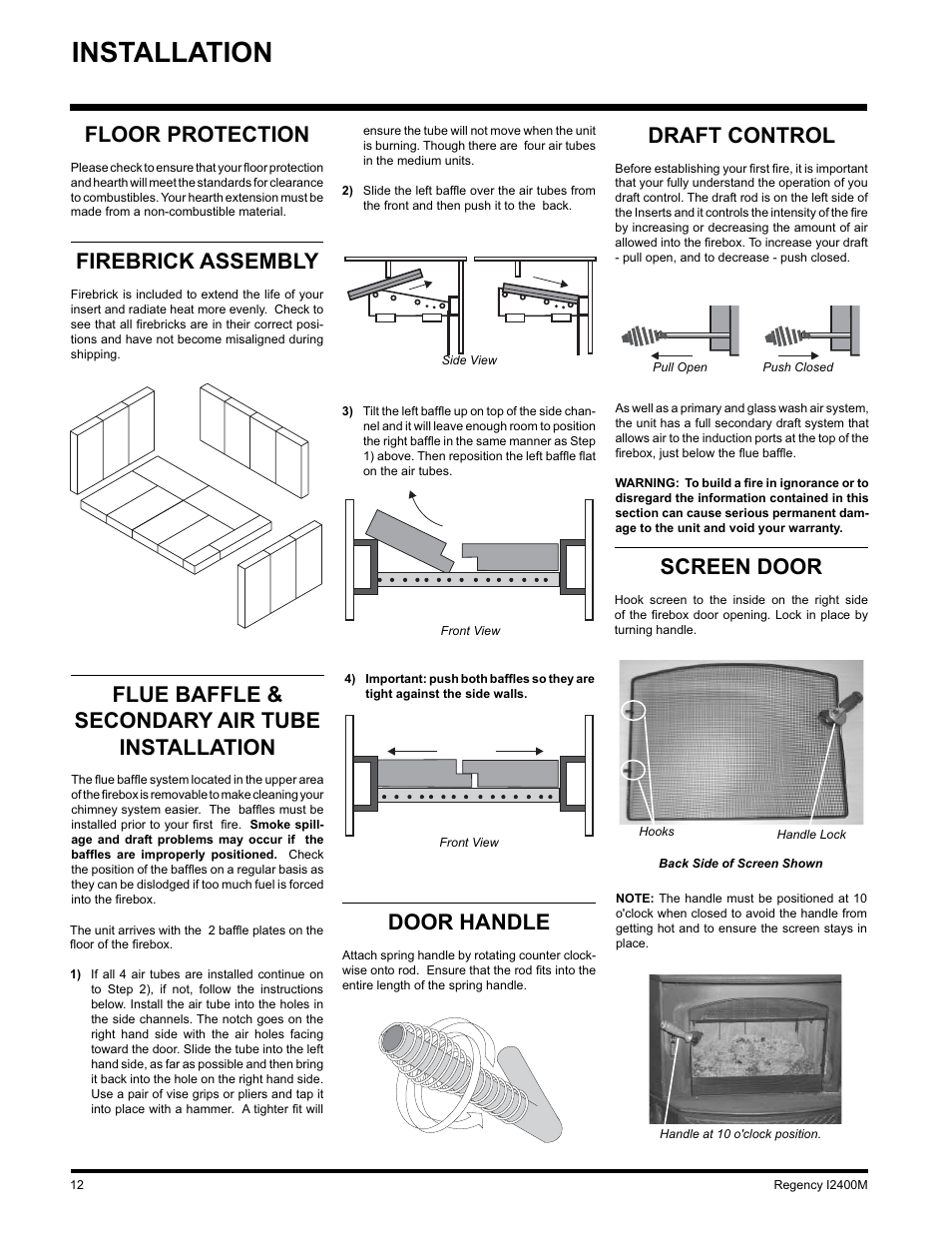 Installation, Draft control, Flue baffle & secondary air tube installation | Floor protection, Firebrick assembly, Screen door, Door handle | Regency Wraps I2400M User Manual | Page 12 / 20