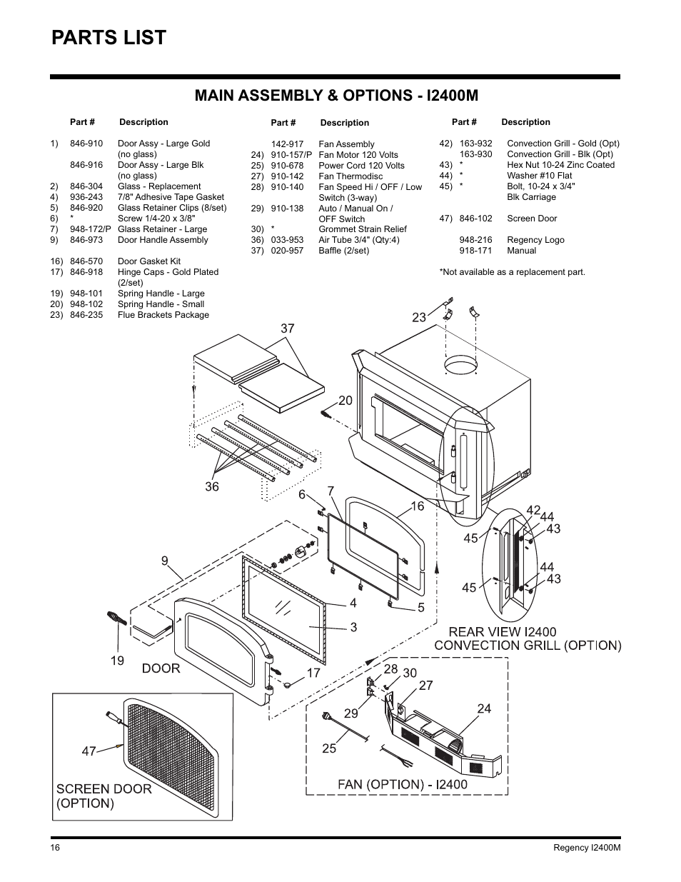 Parts list, Main assembly & options - i2400m | Regency Wraps I2400M User Manual | Page 16 / 20