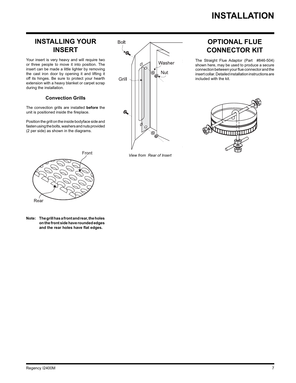Installation, Optional flue connector kit, Installing your insert | Regency Wraps I2400M User Manual | Page 7 / 20