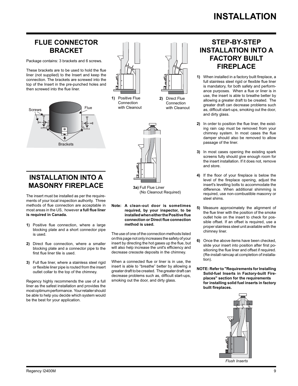 Installation, Flue connector bracket, Installation into a masonry fireplace | Regency Wraps I2400M User Manual | Page 9 / 20