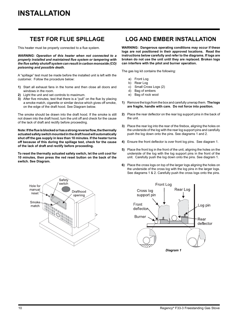 Installation, Log and ember installation, Test for flue spillage | Regency Wraps F33 User Manual | Page 10 / 28