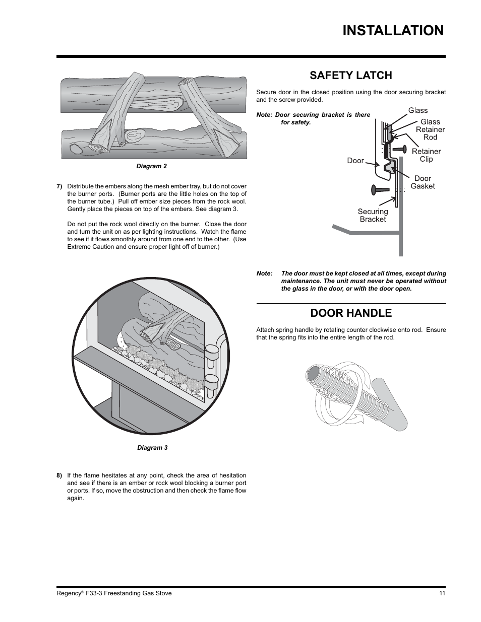 Installation, Door handle, Safety latch | Regency Wraps F33 User Manual | Page 11 / 28