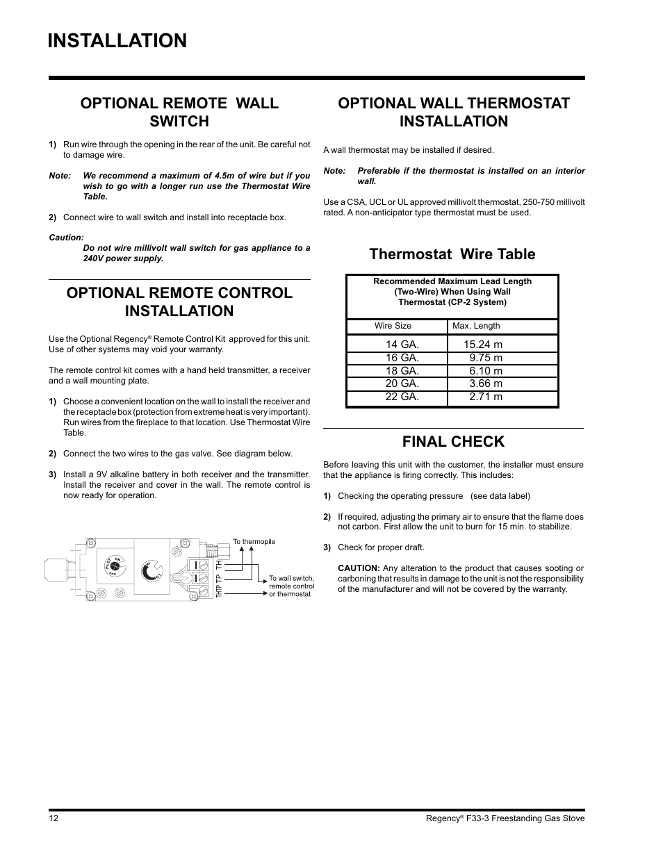 Installation, Optional remote wall switch, Optional remote control installation | Optional wall thermostat installation, Thermostat wire table, Final check | Regency Wraps F33 User Manual | Page 12 / 28