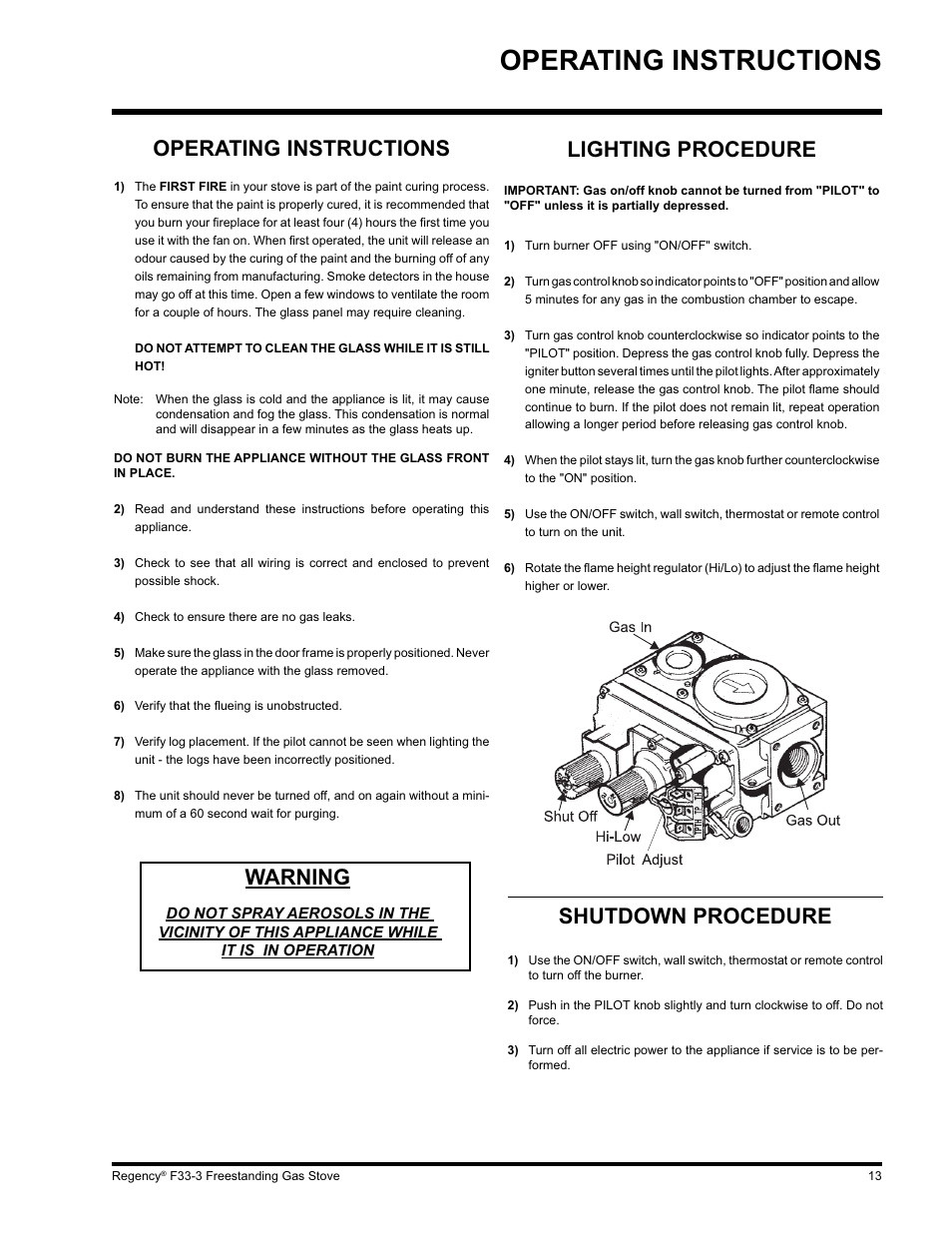 Operating instructions, Shutdown procedure, Lighting procedure | Warning | Regency Wraps F33 User Manual | Page 13 / 28