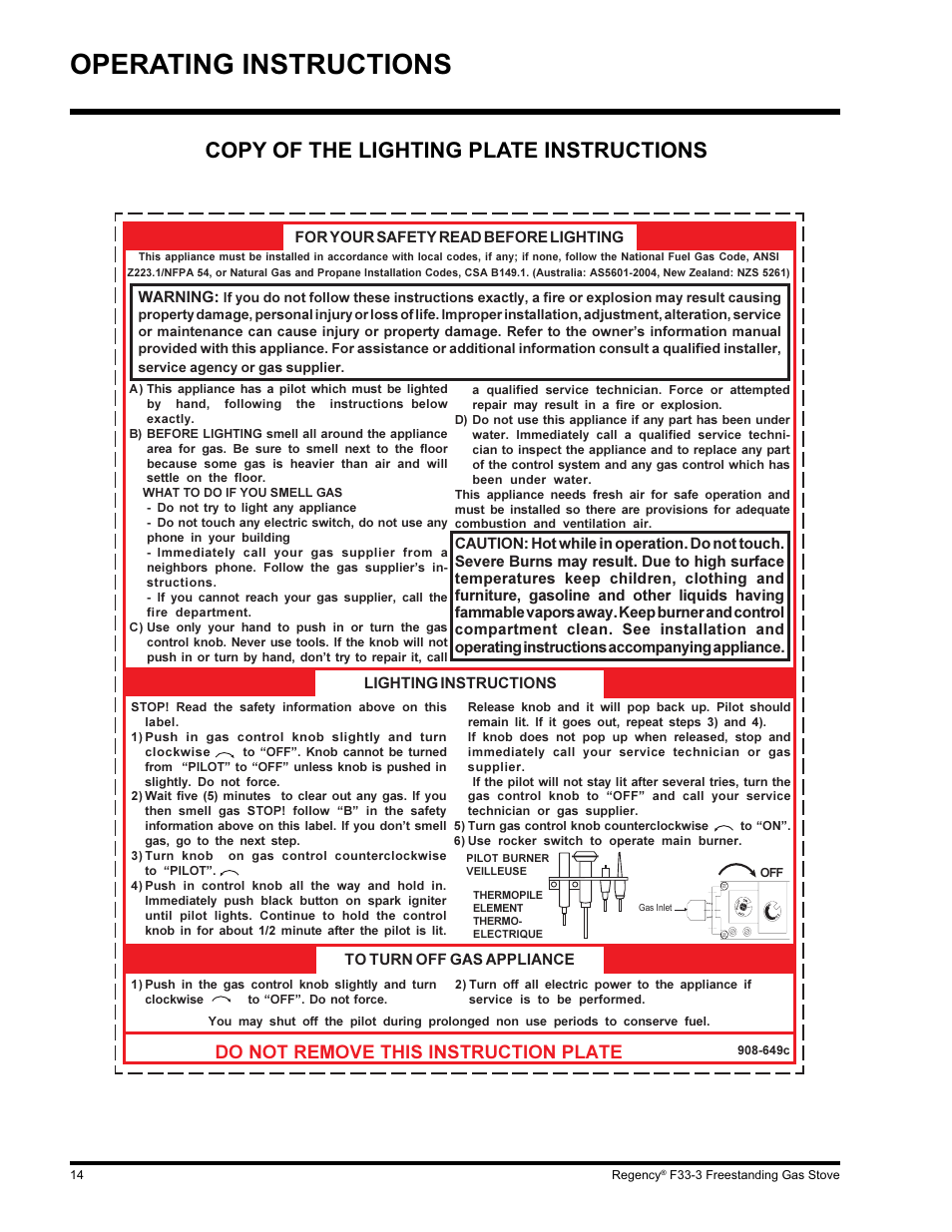 Operating instructions, Copy of the lighting plate instructions, Do not remove this instruction plate | Regency Wraps F33 User Manual | Page 14 / 28