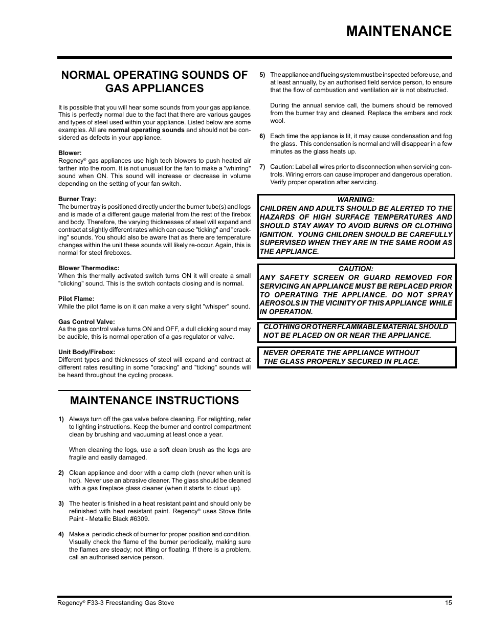 Maintenance, Normal operating sounds of gas appliances, Maintenance instructions | Regency Wraps F33 User Manual | Page 15 / 28