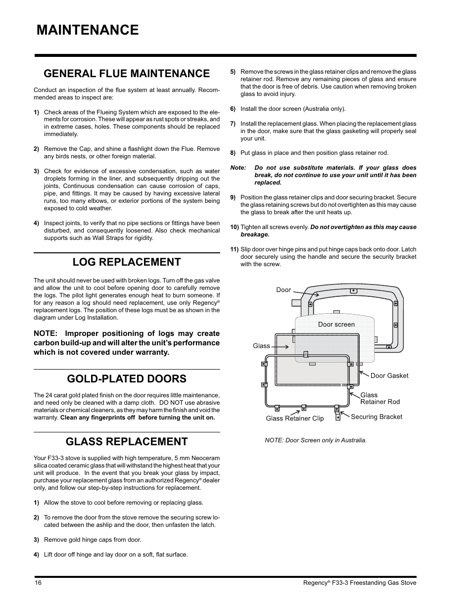 Maintenance, General flue maintenance, Log replacement | Gold-plated doors, Glass replacement | Regency Wraps F33 User Manual | Page 16 / 28