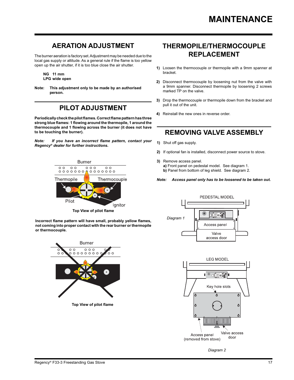 Maintenance, Removing valve assembly, Aeration adjustment | Pilot adjustment, Thermopile/thermocouple replacement | Regency Wraps F33 User Manual | Page 17 / 28