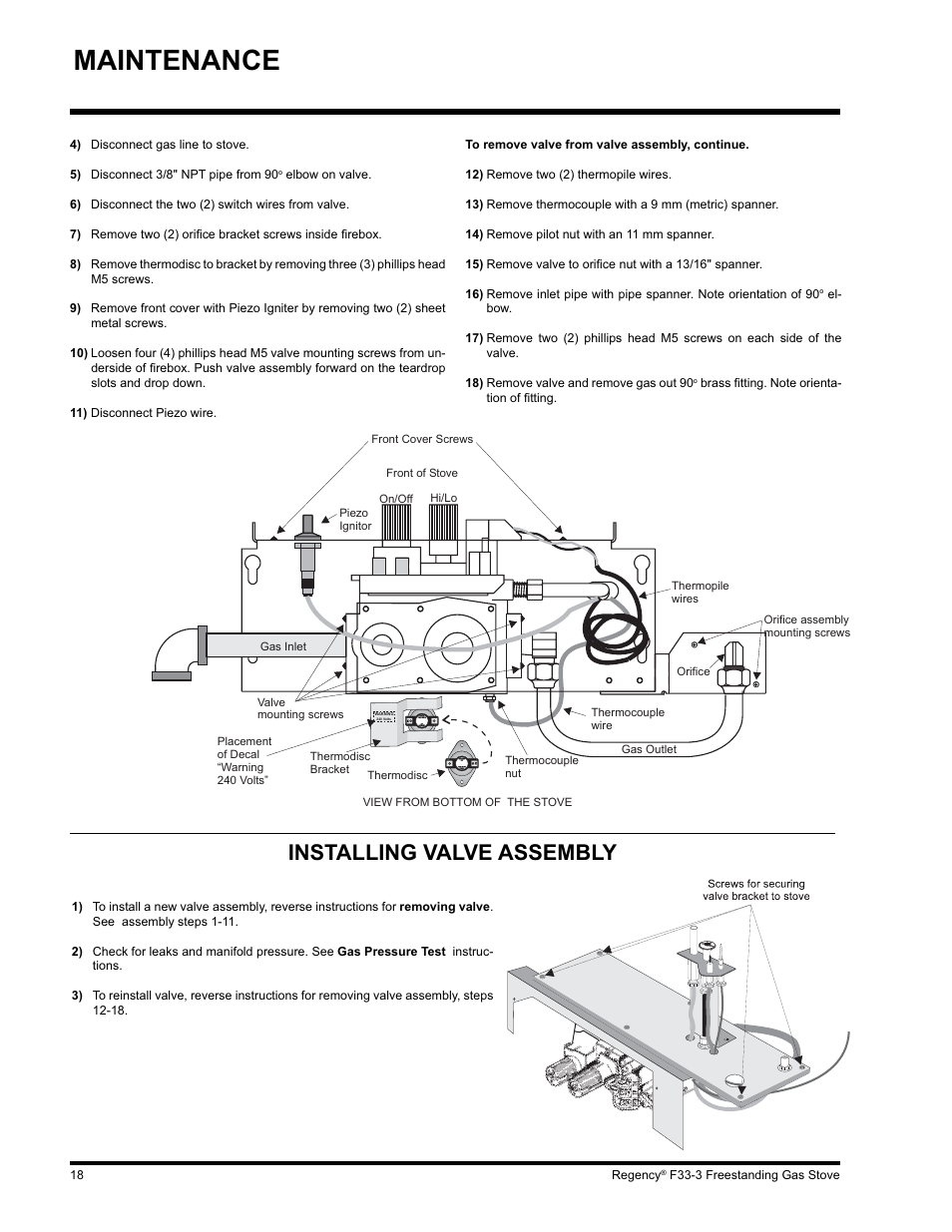 Maintenance, Installing valve assembly | Regency Wraps F33 User Manual | Page 18 / 28