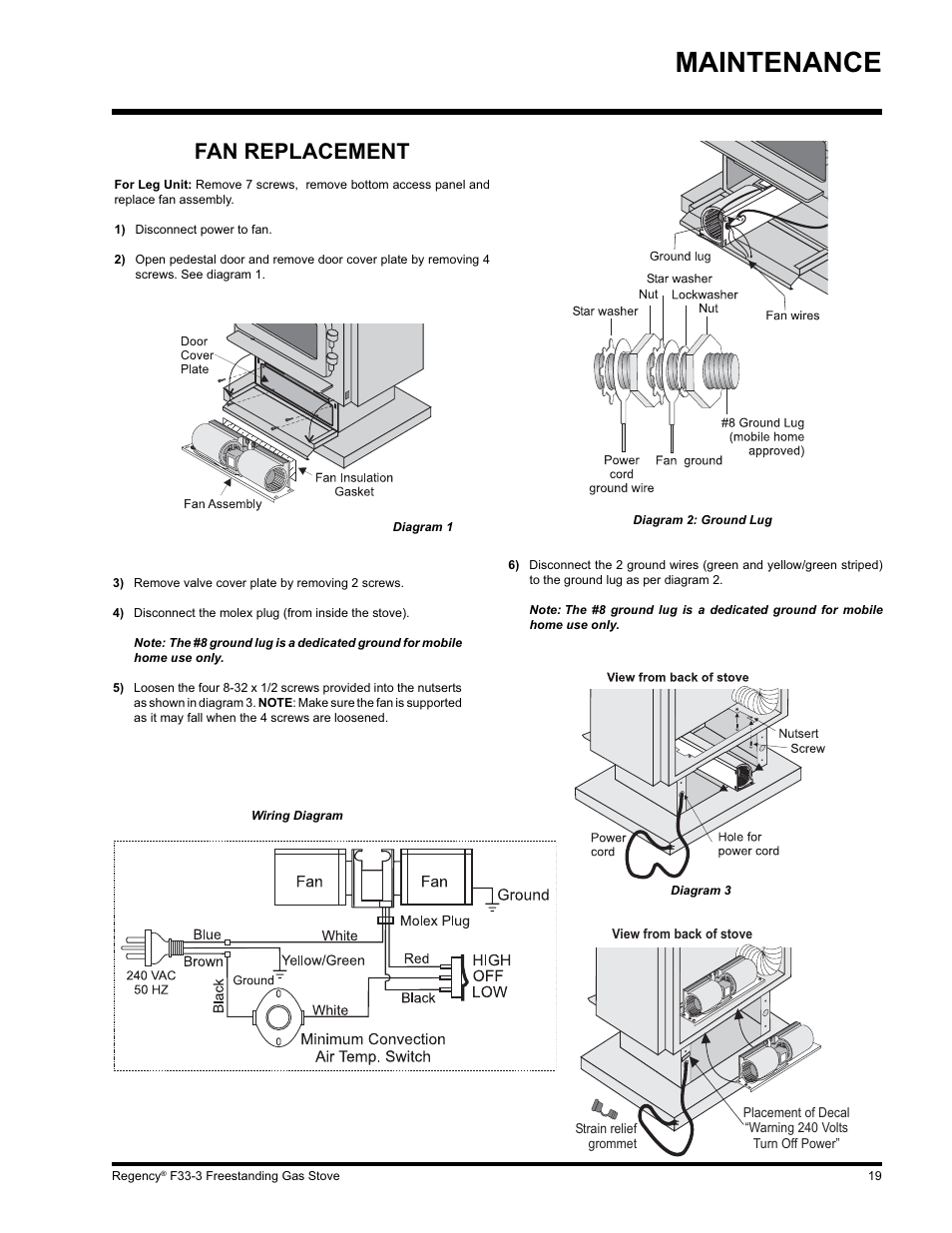 Maintenance, Fan replacement | Regency Wraps F33 User Manual | Page 19 / 28