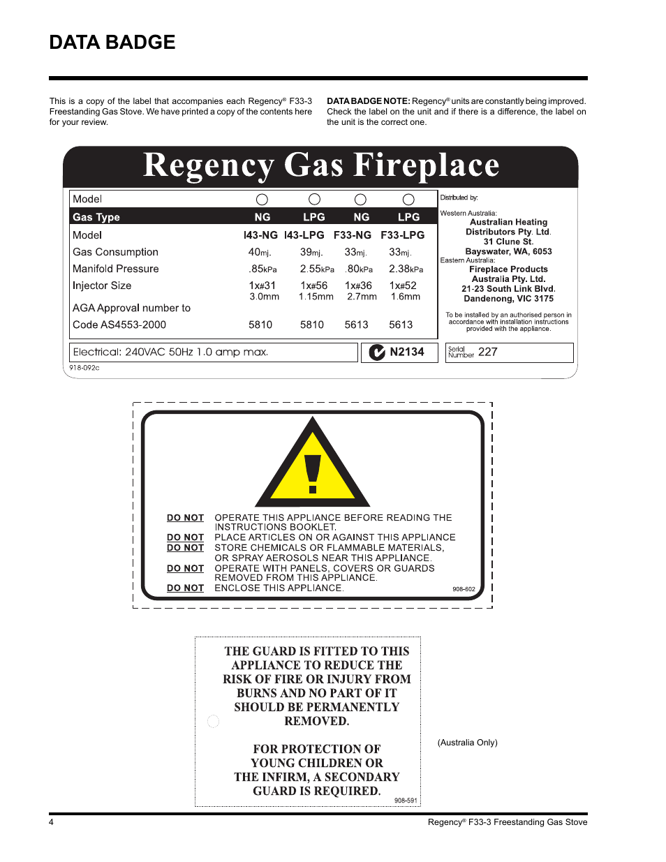 Data badge | Regency Wraps F33 User Manual | Page 4 / 28