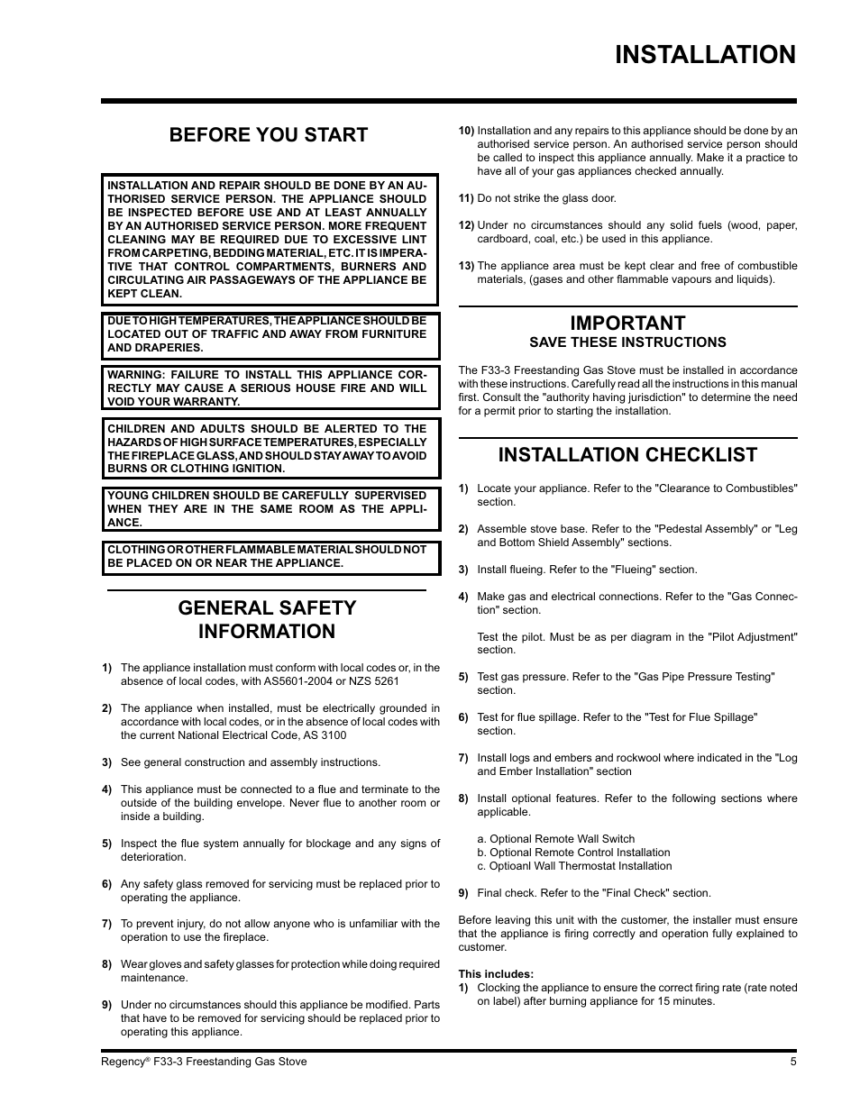 Installation, Important, Installation checklist | Before you start, General safety information | Regency Wraps F33 User Manual | Page 5 / 28