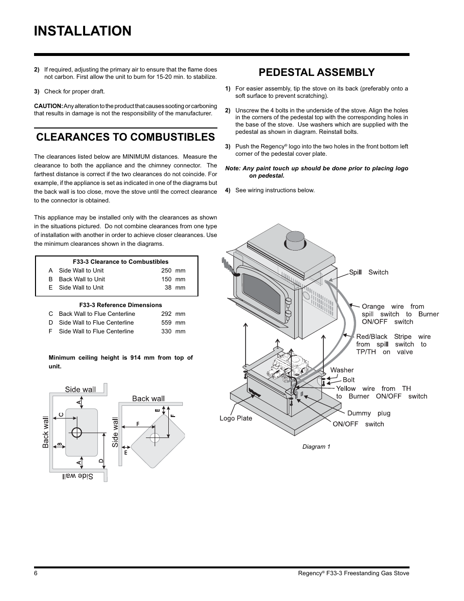 Installation, Pedestal assembly, Clearances to combustibles | Regency Wraps F33 User Manual | Page 6 / 28