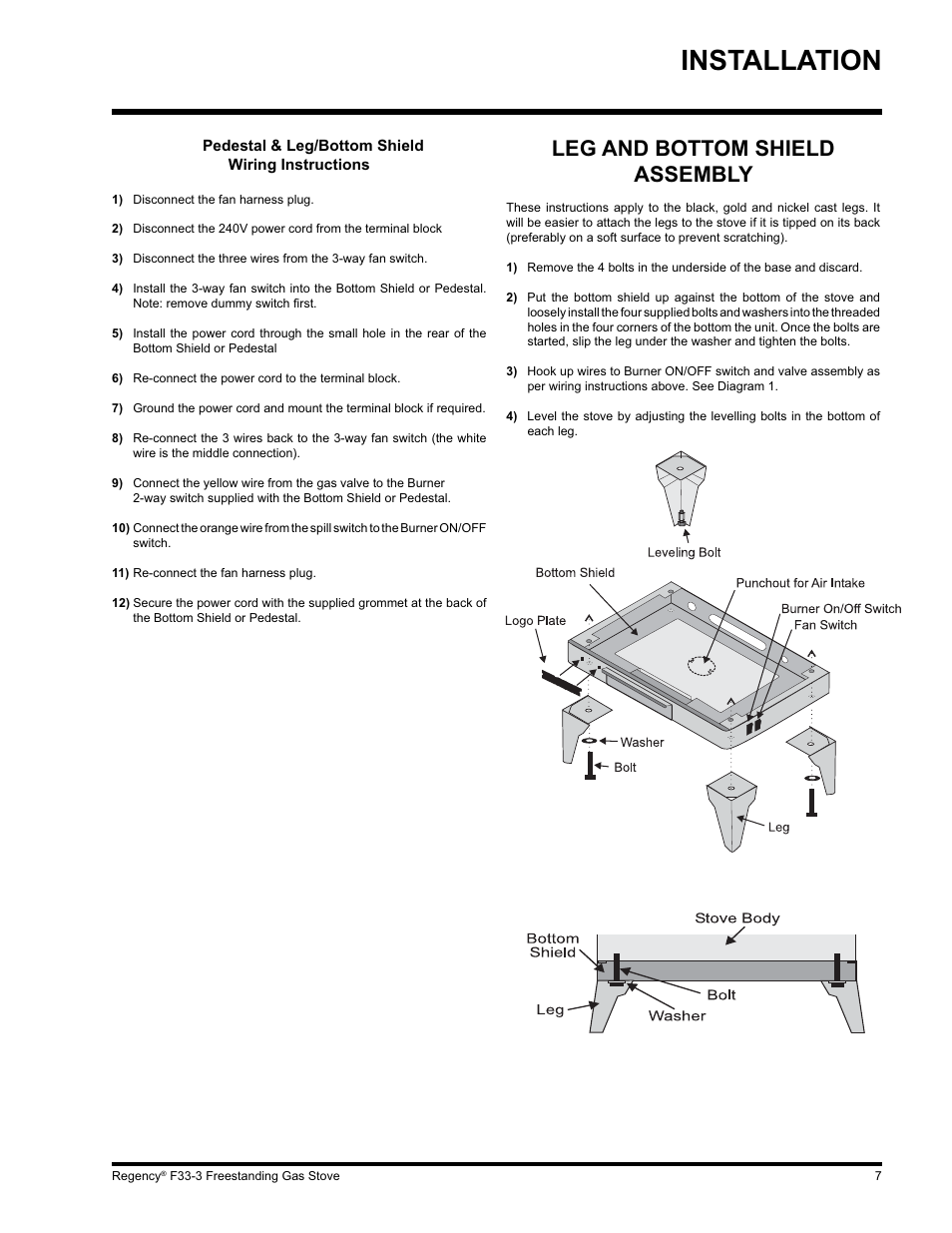 Installation, Leg and bottom shield assembly | Regency Wraps F33 User Manual | Page 7 / 28