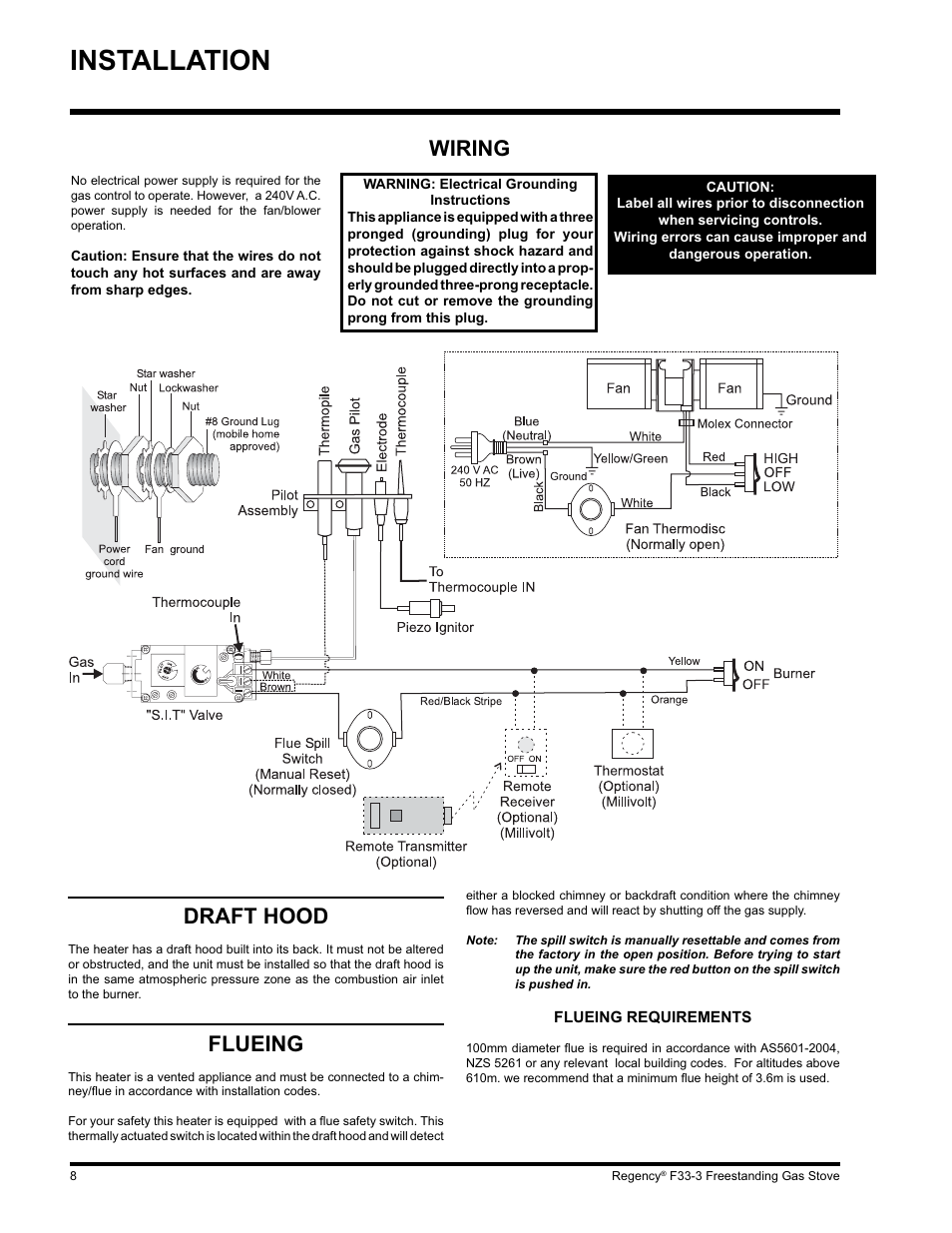 Installation, Draft hood, Flueing | Wiring | Regency Wraps F33 User Manual | Page 8 / 28