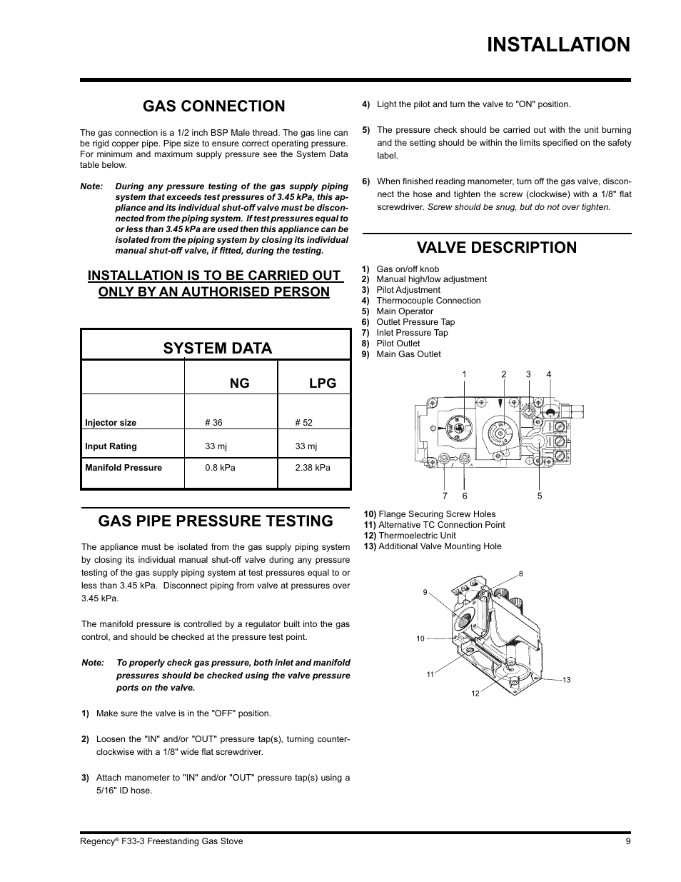 Installation, System data, Gas pipe pressure testing | Gas connection, Valve description | Regency Wraps F33 User Manual | Page 9 / 28