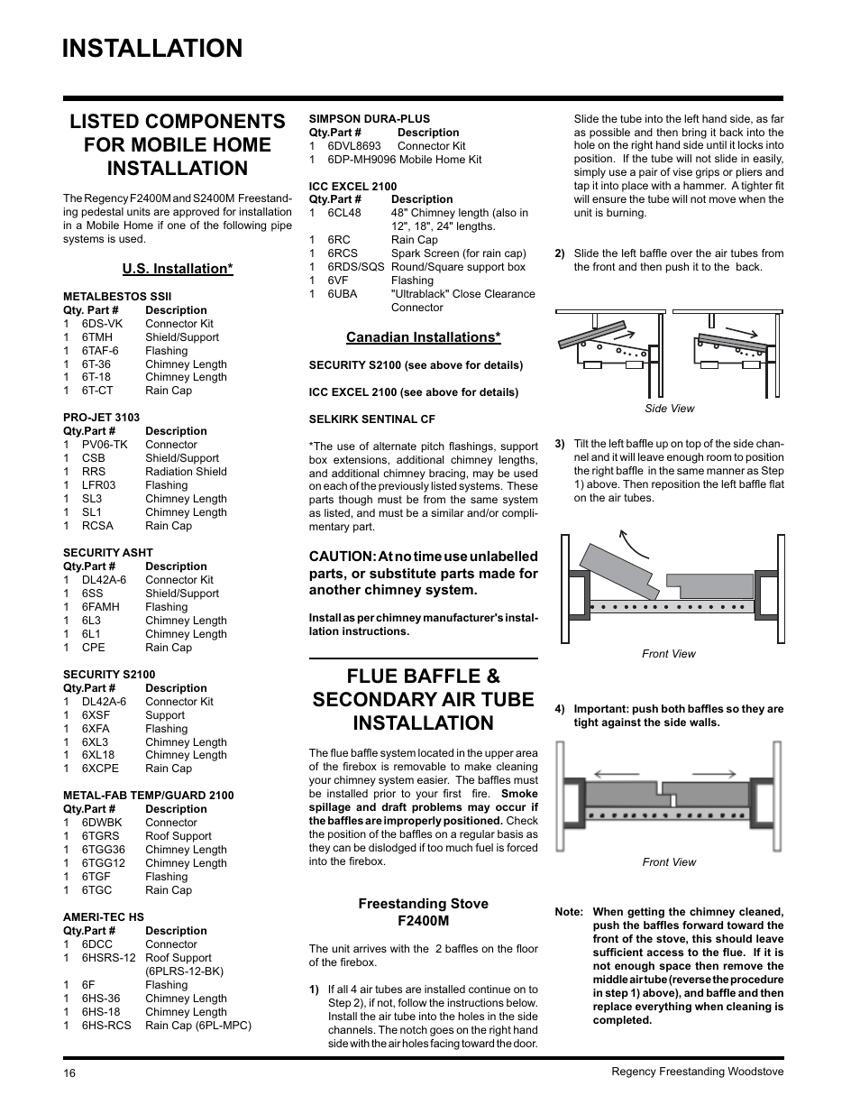 Installation, Flue baffle & secondary air tube installation, Listed components for mobile home installation | Regency Wraps S2400M User Manual | Page 16 / 28