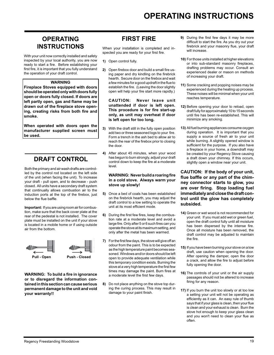 Operating instructions, Draft control, First fire | Regency Wraps S2400M User Manual | Page 19 / 28