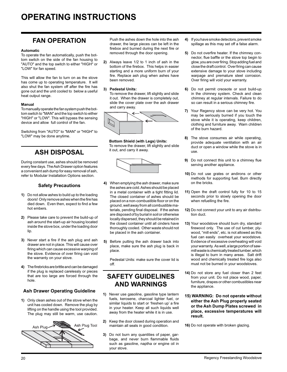 Operating instructions, Safety guidelines and warnings, Ash disposal | Fan operation | Regency Wraps S2400M User Manual | Page 20 / 28