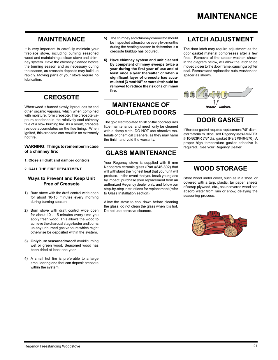 Maintenance, Creosote, Wood storage | Maintenance of gold-plated doors, Latch adjustment, Door gasket, Glass maintenance | Regency Wraps S2400M User Manual | Page 21 / 28