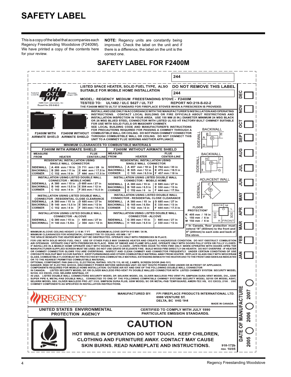 Safety label, Safety label for f2400m | Regency Wraps S2400M User Manual | Page 4 / 28