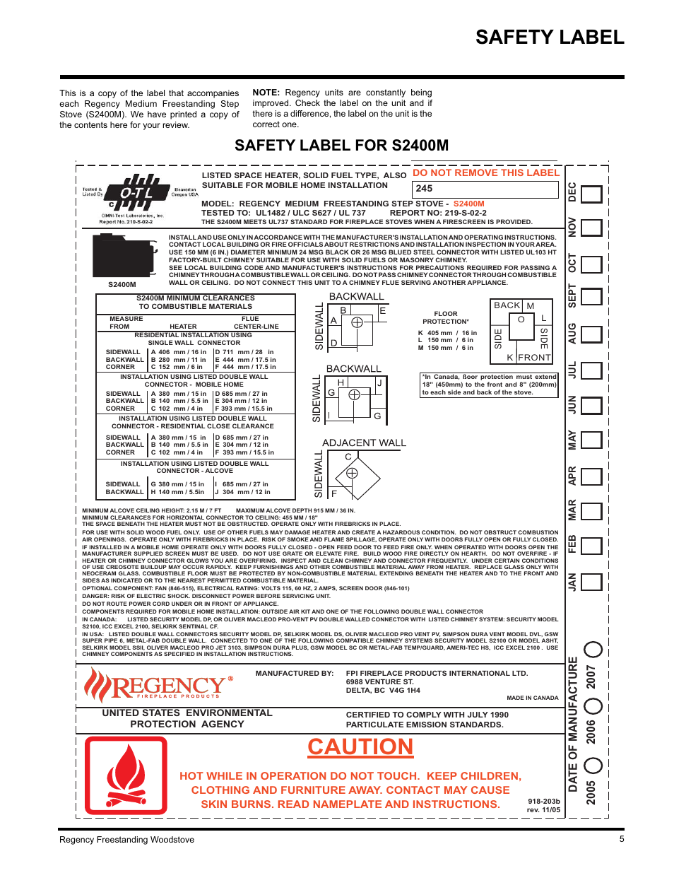 Caution, Safety label, Safety label for s2400m | Da te of manuf acture, Jan feb mar apr ma y jun jul aug sept oct nov dec | Regency Wraps S2400M User Manual | Page 5 / 28