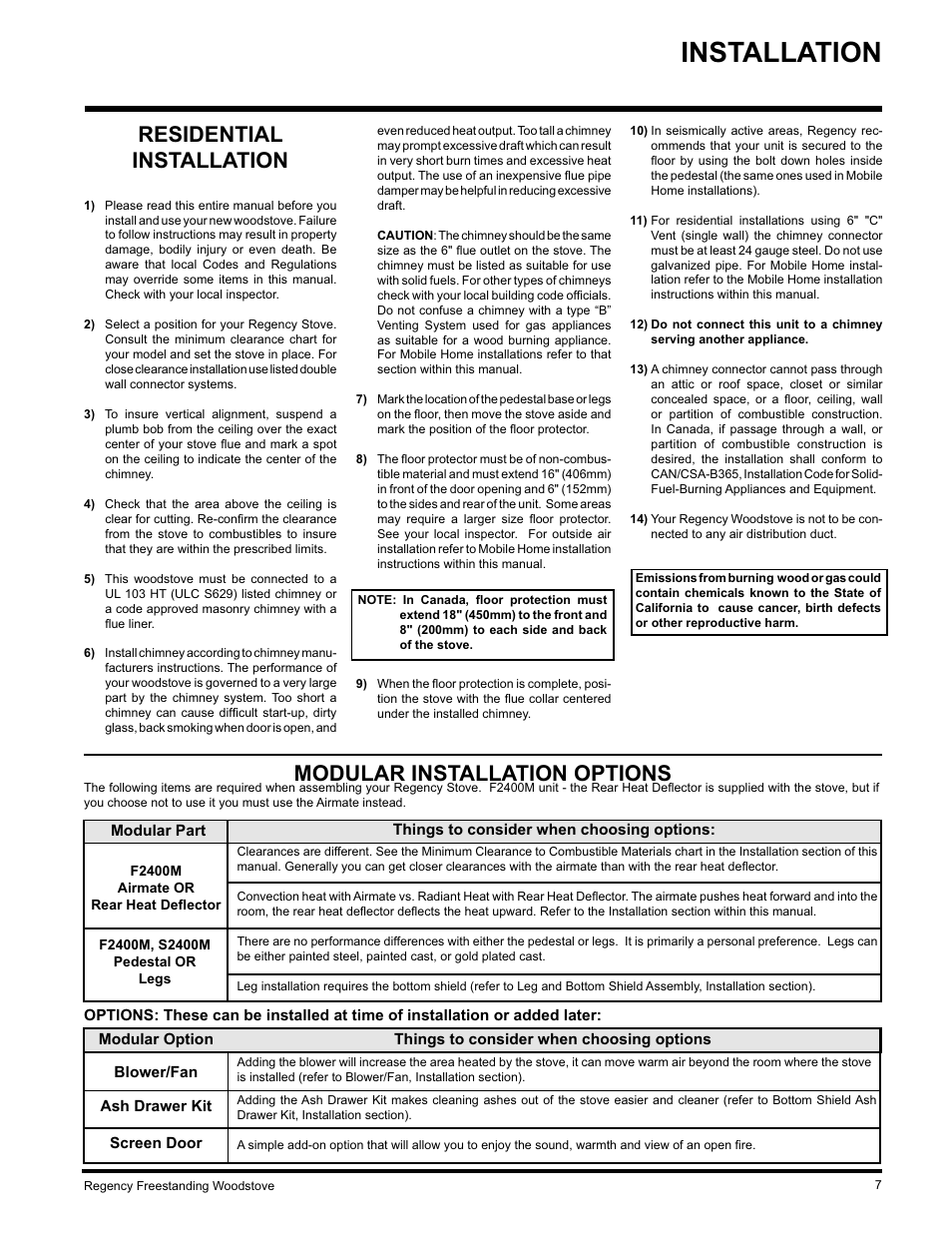 Installation, Residential installation, Modular installation options | Regency Wraps S2400M User Manual | Page 7 / 28