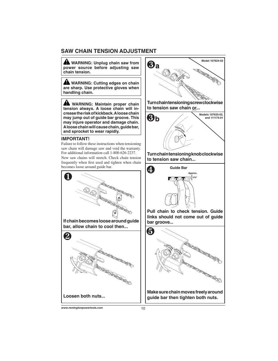 Saw chain tension adjustment, Important | Remington Power Tools 111174-01 User Manual | Page 10 / 29