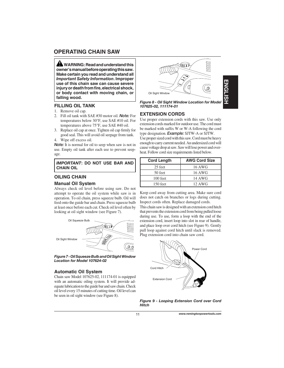 English, Operating chain saw | Remington Power Tools 111174-01 User Manual | Page 11 / 29