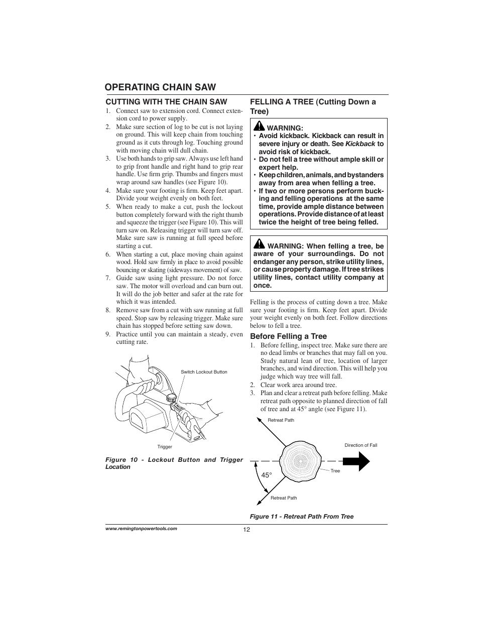 Operating chain saw | Remington Power Tools 111174-01 User Manual | Page 12 / 29