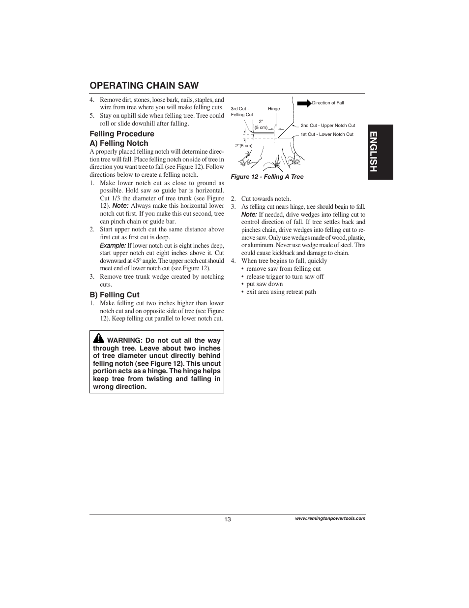 English, Operating chain saw | Remington Power Tools 111174-01 User Manual | Page 13 / 29