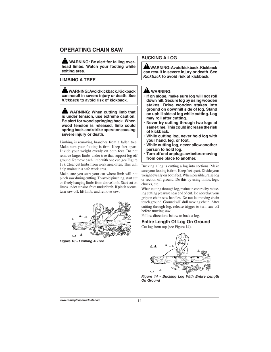 Operating chain saw | Remington Power Tools 111174-01 User Manual | Page 14 / 29