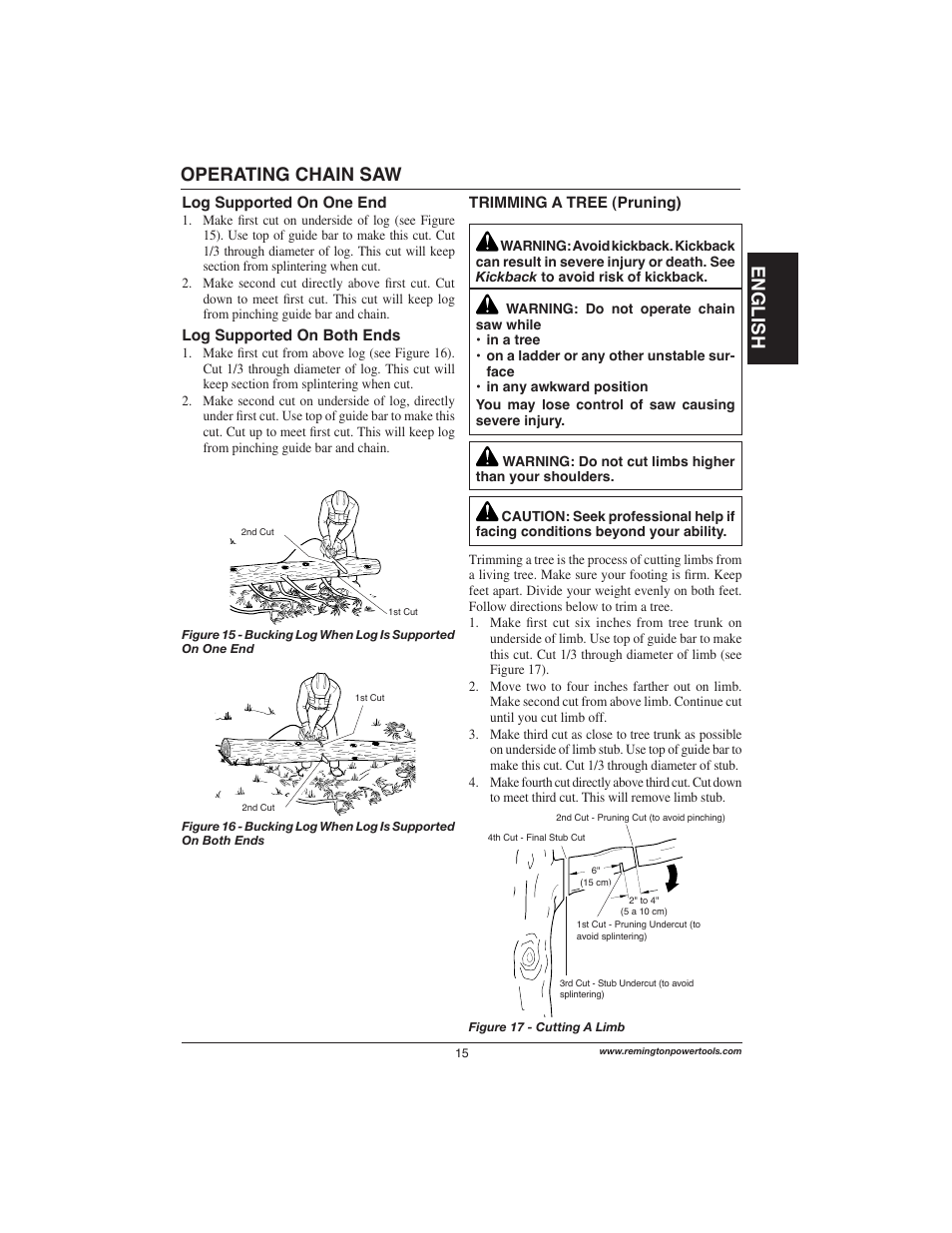English, Operating chain saw | Remington Power Tools 111174-01 User Manual | Page 15 / 29