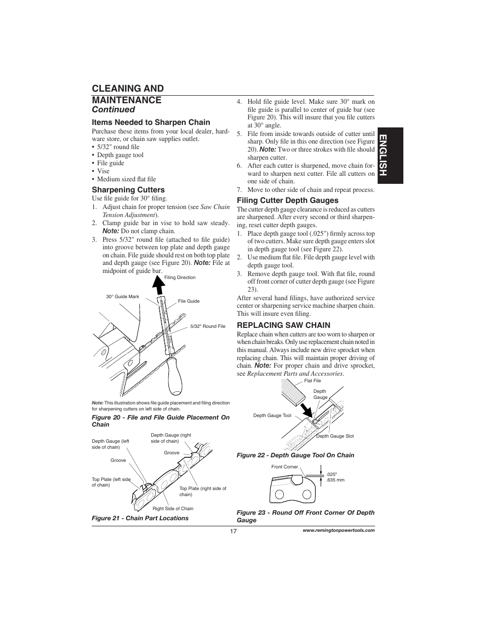 English, Cleaning and maintenance, Continued | Remington Power Tools 111174-01 User Manual | Page 17 / 29