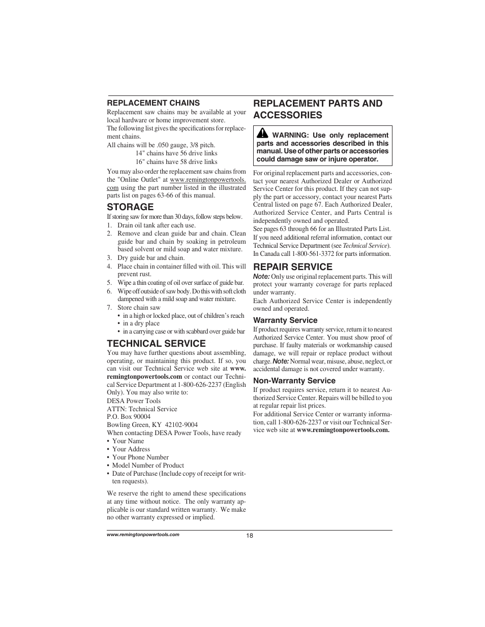 Storage, Technical service, Replacement parts and accessories | Repair service | Remington Power Tools 111174-01 User Manual | Page 18 / 29