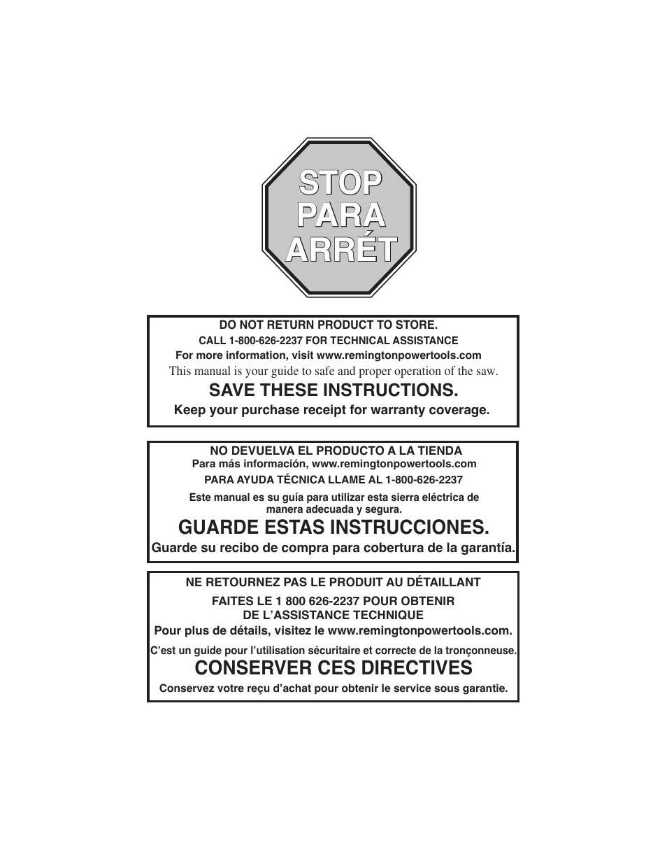Stop, Stop para para arrét arrét, Conserver ces directives | Guarde estas instrucciones | Remington Power Tools 111174-01 User Manual | Page 2 / 29